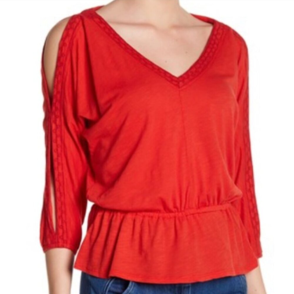 NWT Lucky Women's Red Embroidered V-Neck Peplum Peasant Blouse Size L Boho
